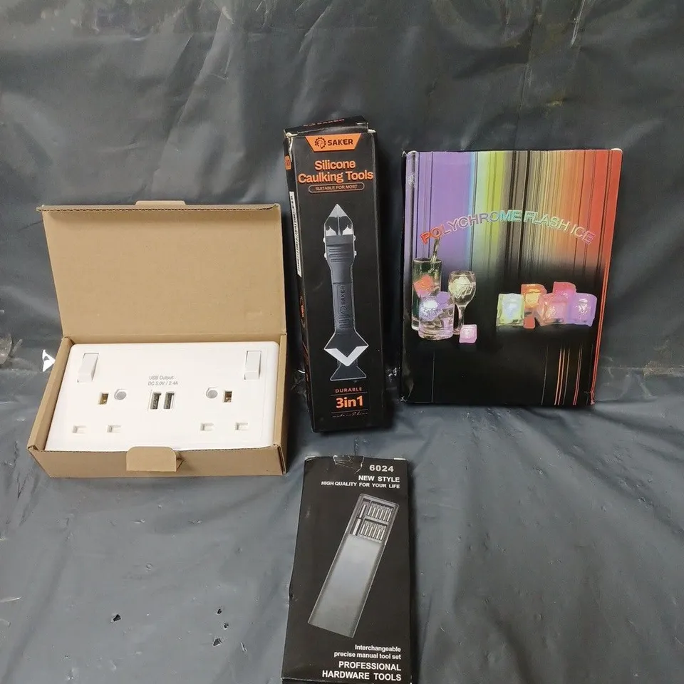 BOX OF APPROXIMATELY 20 ASSORTED HOUSEHOLD ITEMS TO INCLUDE COLOURED REUSABLE ICE CUBES, PLUG SOCKET AND A MULTI TOOL