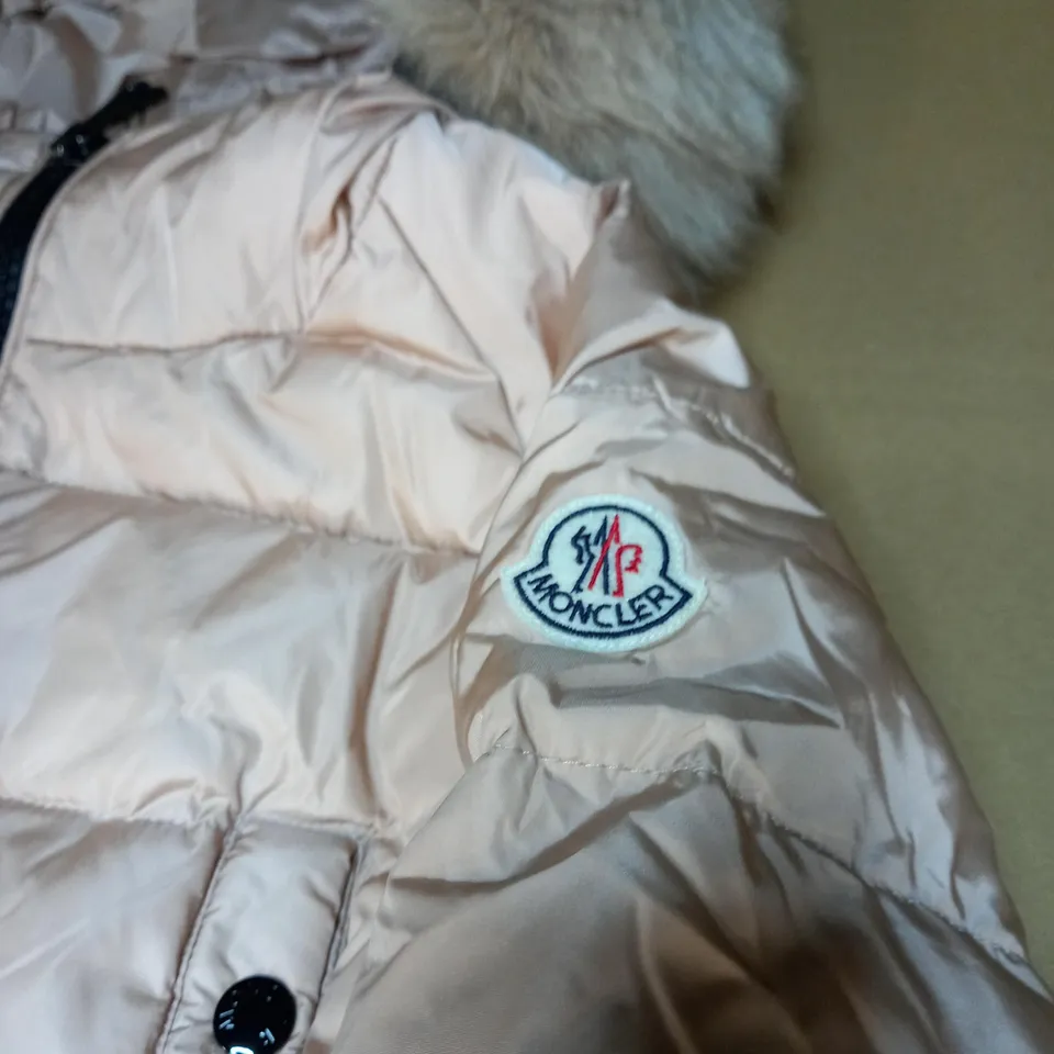 WOMENS MONCLER PINK PUFFA COAT WITH FUR HOOD SIZE M