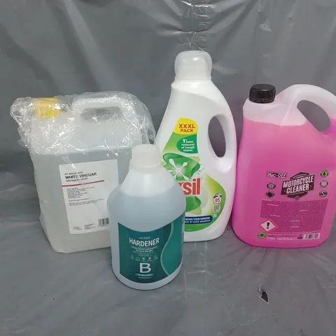 4 ASSORTED LIQUIDS TO INCLUDE HARDENER, MOTORCYCLE CLEANER, WHITE VINEGAR - COLLECTION ONLY