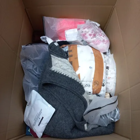 BOX OF APPROXIMATELY 25 ASSORTED CLOTHING ITEMS IN VARIOUS COLOURS , STYLES AND SIZES 