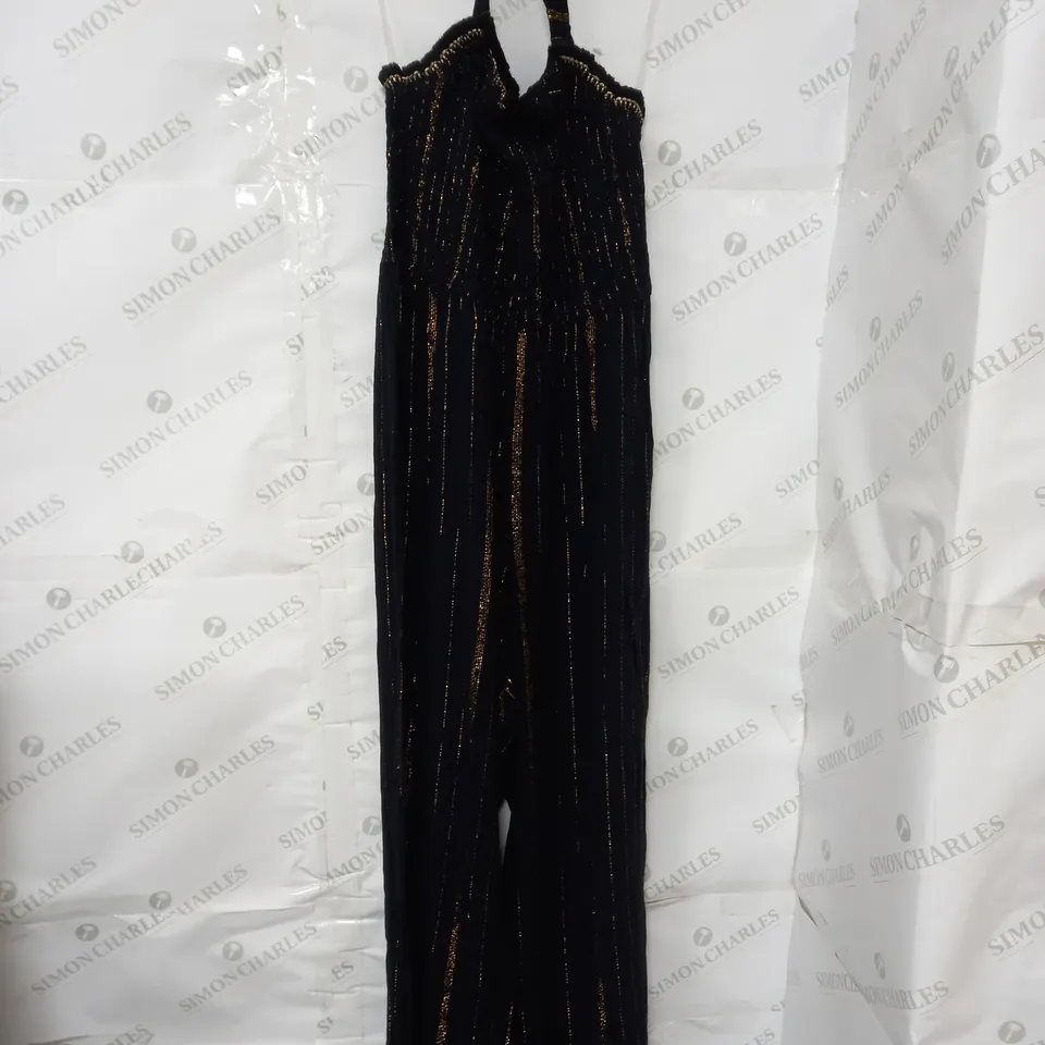 MONSOON HALERNECK JUMPSUIT IN BLACK AND GOLD STRIPE SIZE 15YRS