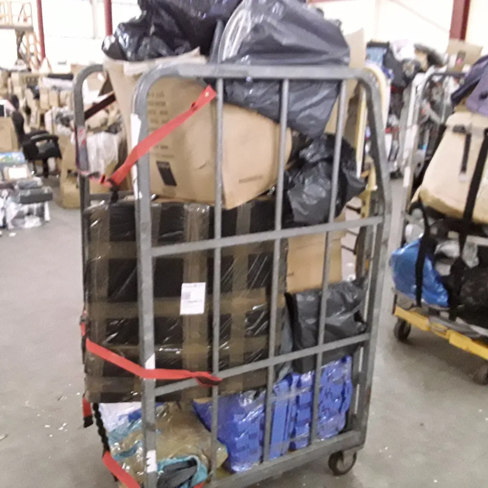 CAGE TO CONTAIN AN ASSORTMENT OF HOUSEHOLD ITEMS TO INCLUDE DINNER TRAYS CLOTHES HANGERS AND EXERCISE MATTS ECT