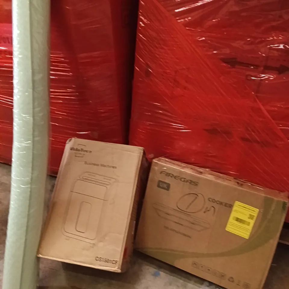 PALLET OF ASSORTED ITEMS INCLUDING - COOKER,YOGA MAT, BUSINESS MACHINE