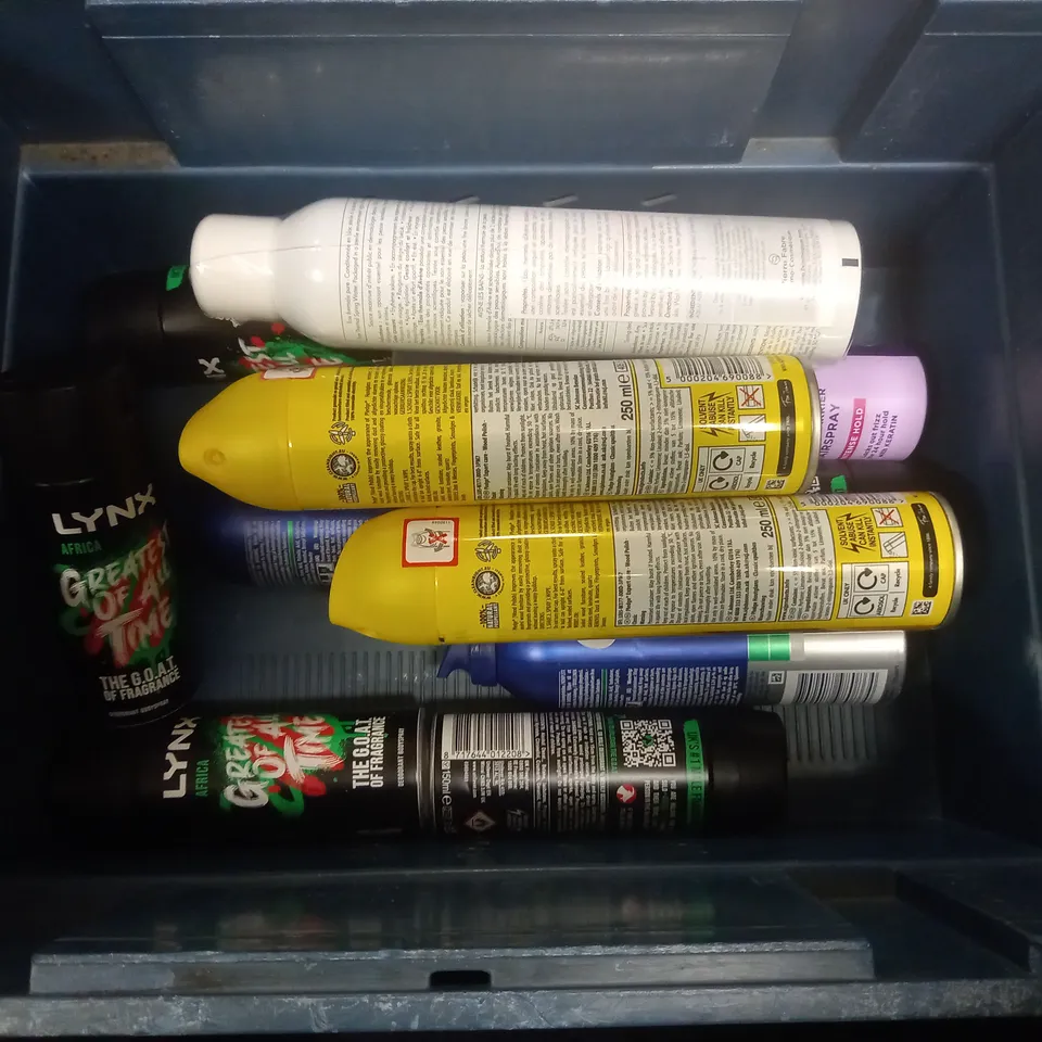 BOX OF APPROX 15 ASSORTED AEROSOLS TO INCLUDE - LYNX AFRICA - JOHN FRIEDA FRIZZ EASE - GILLETTE SERIES SHAVE FOAM ECT