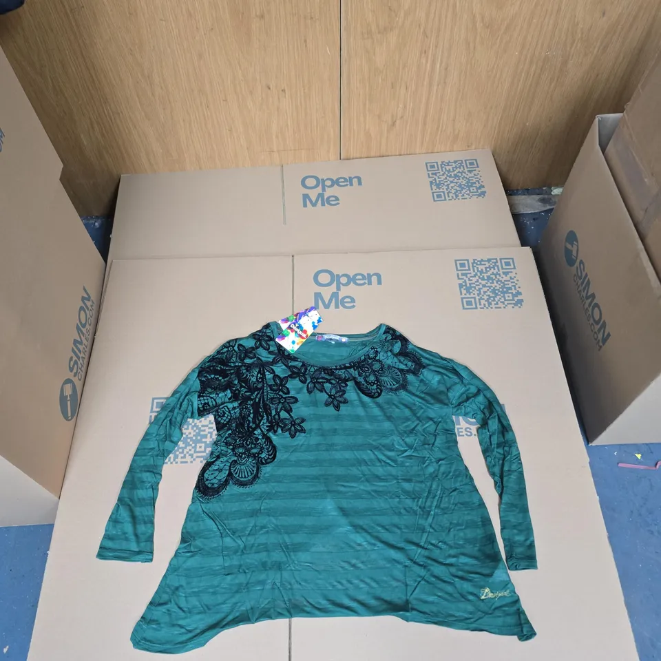 DESIGUAL TEAL FLORAL-TOP, WOMEN'S LONG-SLEEVE – UK (XXL) 