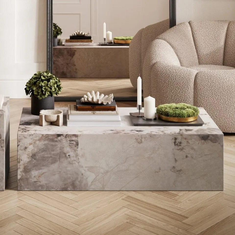 BOXED LARGE RECTANGULAR BEIGE MARBLE COFFEE TABLE - SUR