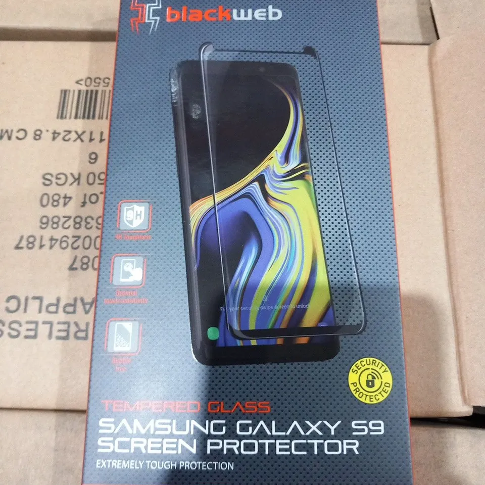 PALLET OF APPROXIMATELY 144 BOXES OF 6 BRAND NEW BLACK WEB TEMPERED GLASS SAMSUNG GALAXY S9 SCREEN PROTECTORS(APPROXIMATELY 860 IN TOTAL)