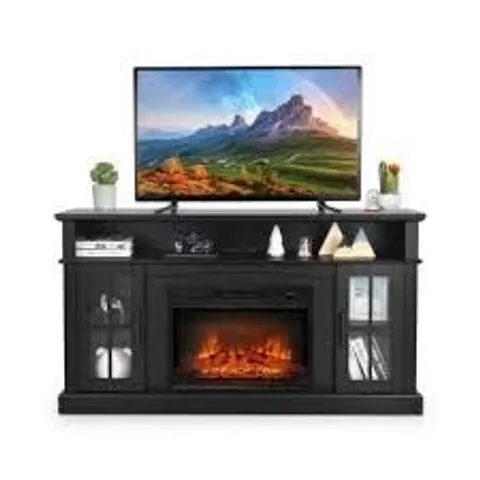 BOXED COSTWAY 58 INCH RUSTIC FIREPLACE TV STAND WITH 2 OPEN STORAGE COMPARTMENTS - BLACK