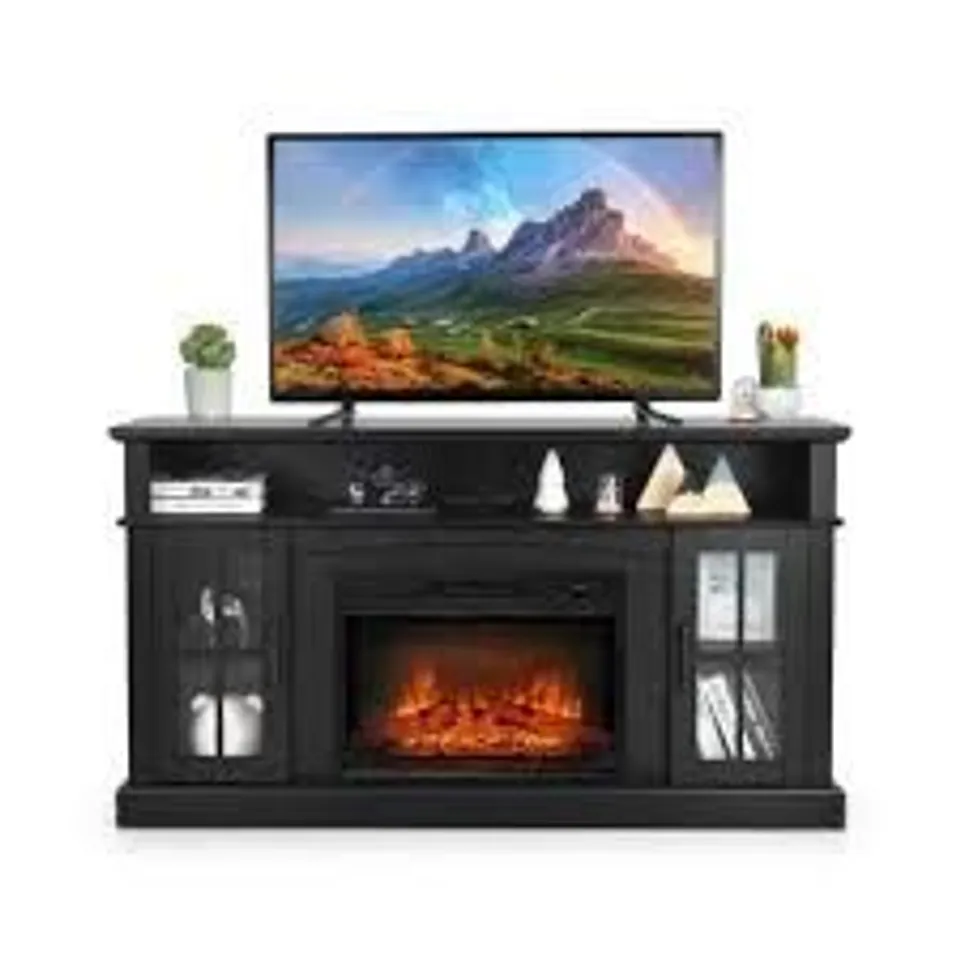 BOXED COSTWAY 58 INCH RUSTIC FIREPLACE TV STAND WITH 2 OPEN STORAGE COMPARTMENTS - BLACK