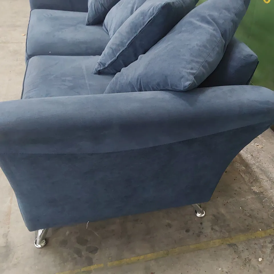 DESIGNER THREE SEATER SOFA BLUE PLUSH FABRIC 