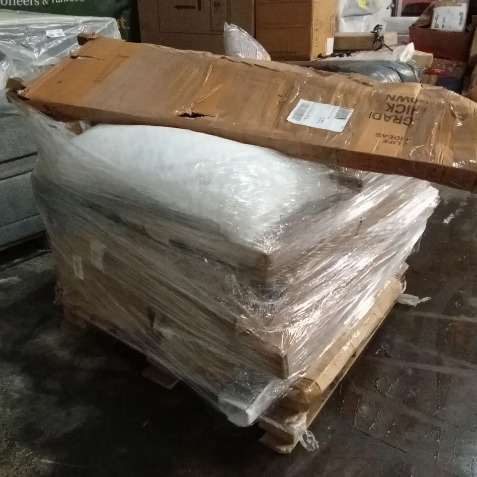 PALLET OF HOUSEHOLD GOODS AND PRODUCTS TO INCLUDE; DUVET SET, CURTAINS, BOXED FURNITURE ETC
