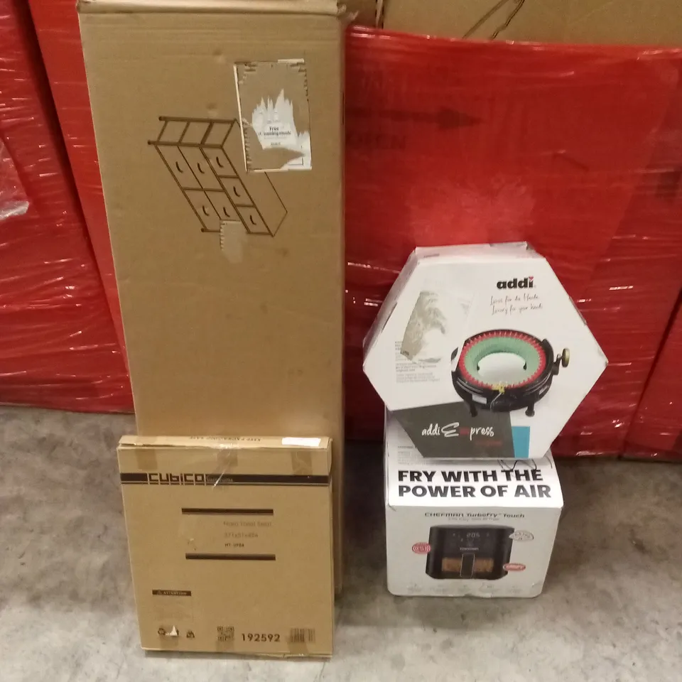 PALLET OF ASSORTED HOUSEHOLD GOODS AND PRODUCTS TO INCLUDE; AIR FRYER, CHEST OF DRAWERS, TOILET SEAT, KNITTING AID ETC
