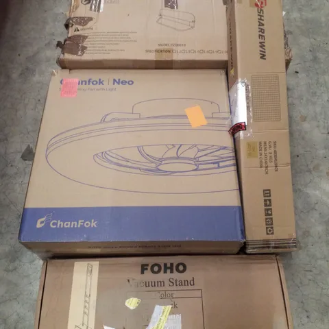 PALLET CONTAINING ASSORTED PRODUCTS INCLUDING VACUUM STAND, CHAIR MAT, BABY BED RAIL, FOOT SPA & SMART CEILING FAN WITH LIGHT