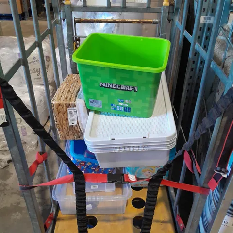 CAGE OF ASSORTED STORAGE CONTAINERS IN VARIOUS STYLES AND SIZES