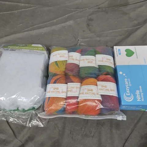 LARGE BOX OF APPROX 10 ASSORTED HOUSEHOLD ITEMS TO INCLUDE NURSING GLOVES, KNITTING YARN AND INPOND MAINTENANCE KIT - COLLECTION ONLY