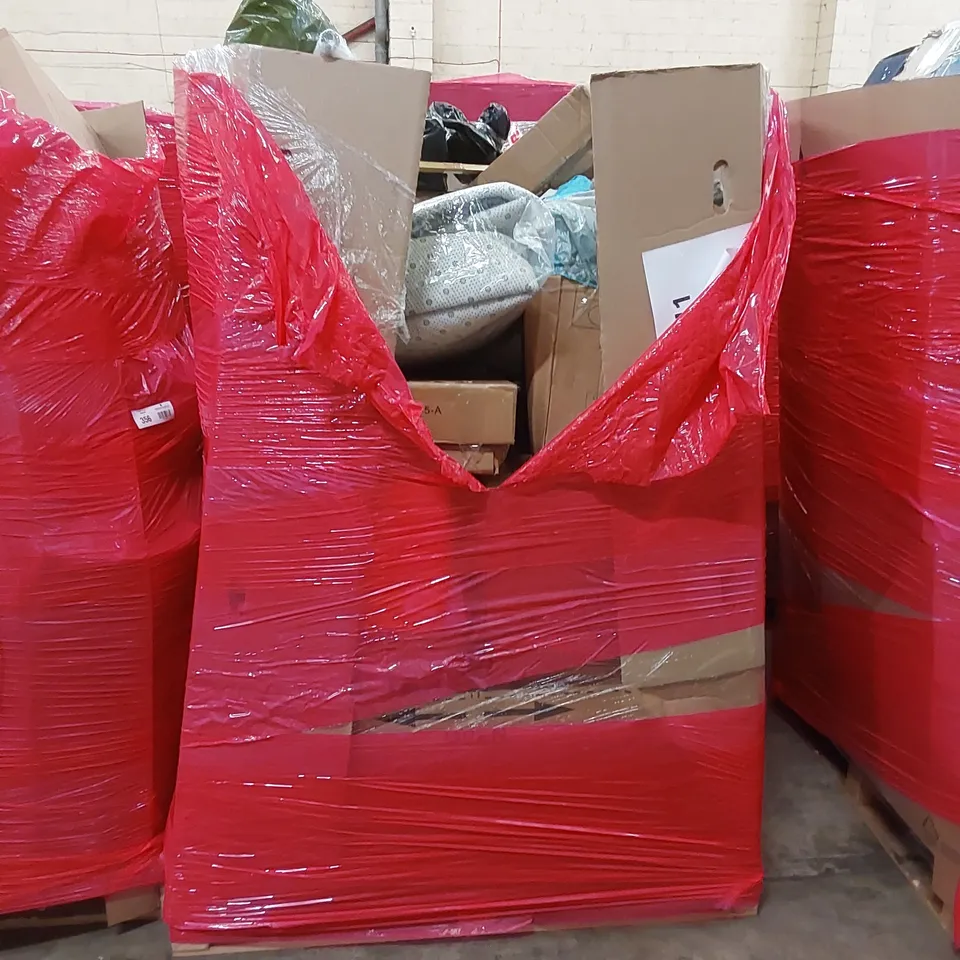 PALLET OF ASSORTED HOUSEHOLD ITEMS AND CONSUMER PRODUCTS TO INCLUDE; ROLLER BLIND, TOILET SEAT, OFFICE CHAIR, INFLATABLE AIRBED, BOXED FURNITURE ETC 