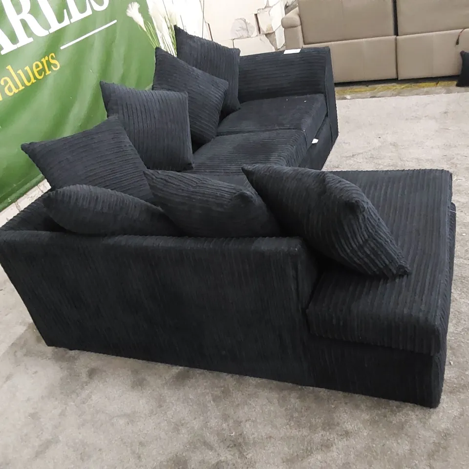 DESIGNER FABRIC NAVY COLOURED CORNER SOFA WITH CUSHIONS 