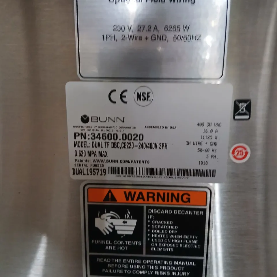 BUNN DUAL TF DBC COMMERCIAL BEVERAGE DISPENSER – 3‑PHASE HOT WATER UNIT