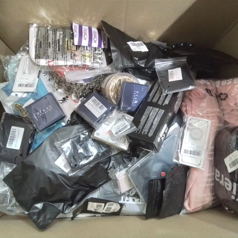 BOX CONTAINING LARGE AMOUNT OF MIXED FASHION ITEMS, SILVER PLATE AND COSTUME JEWELLERY, CLOTHING ITEMS ETC.