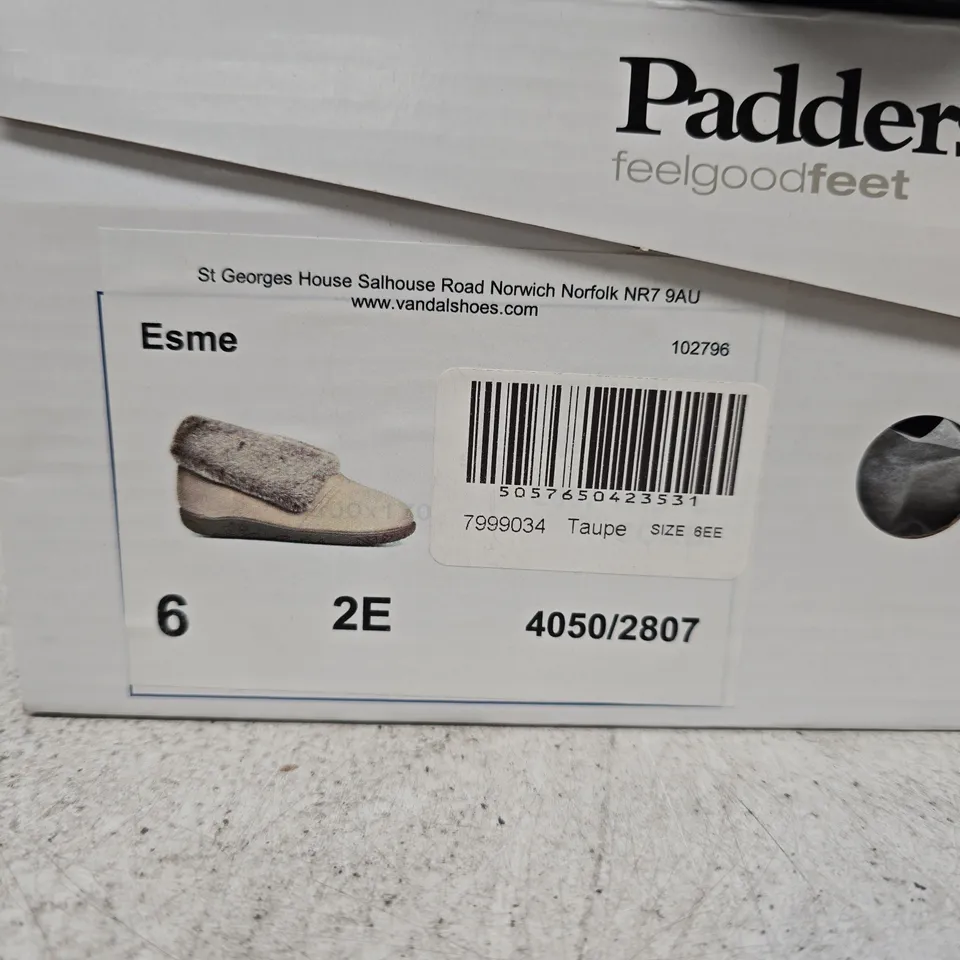 PADDERS ESME SLIPPERS IN TAUPE SIZE 6 BOXED