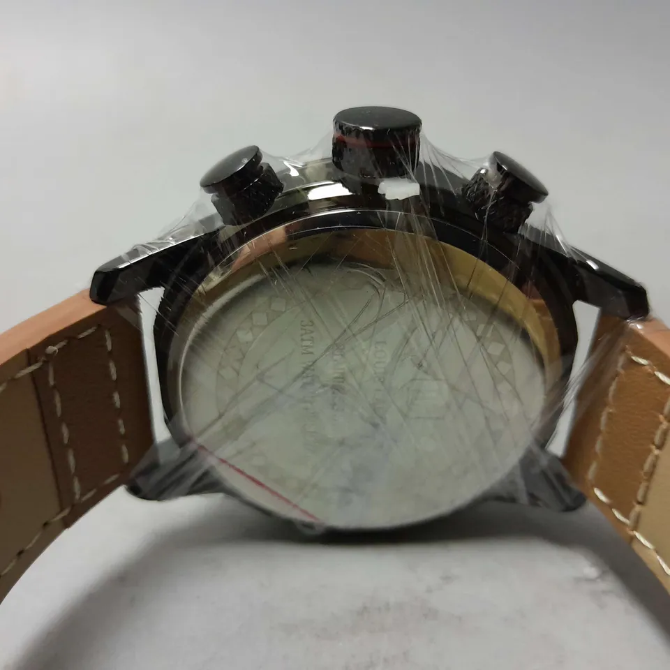 MENS LOUIS LACOMBE CHRONGRAPH WATCH – 3 SUB DIALS – BLACK CASE – LEATHER STRAP