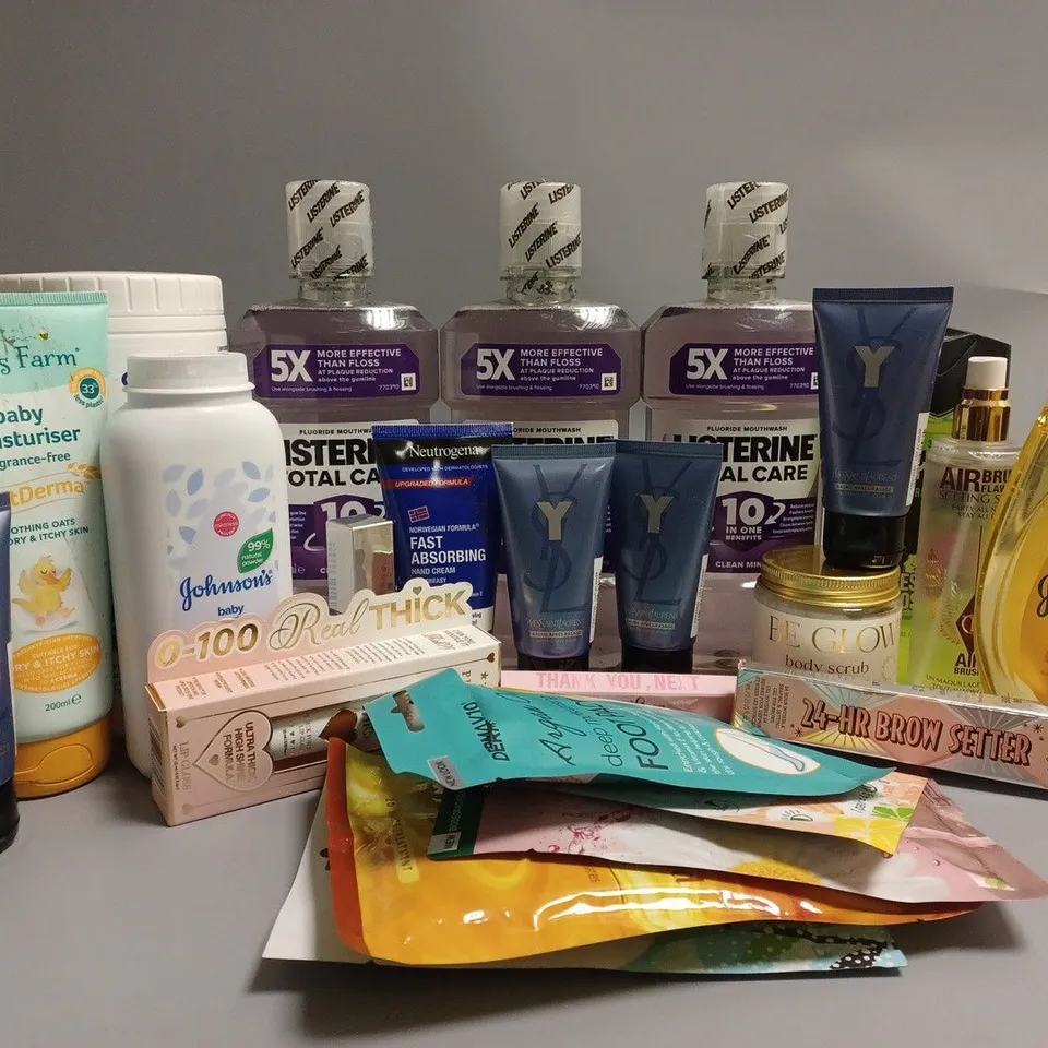 APPROXIMATELY 20 ASSORTED COSMETICS ITEMS TO INCLUDE LISTERINE TOTAL CARE (500ml), YSL AFTER SHAVE BALM (50ml), E45 CREAM (350g), ETC