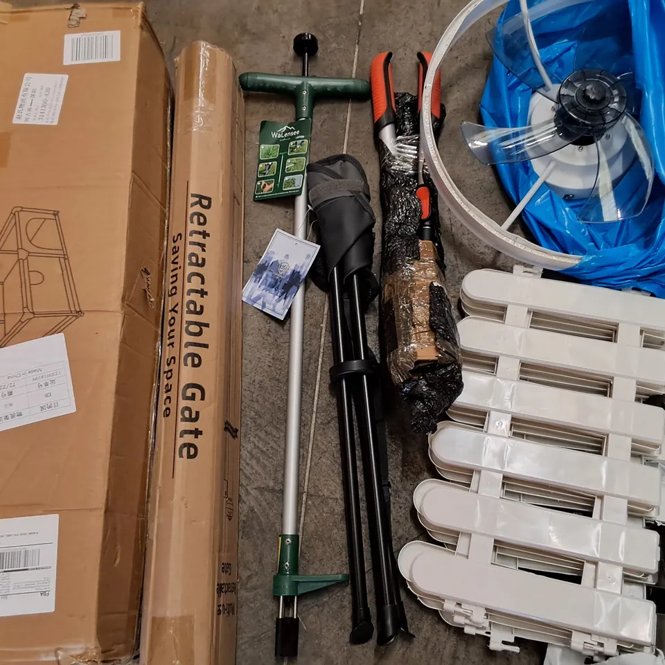 PALLET OF ASSORTED HOUSEHOLD ITEMS TO INCLUDE SAFETY PEN, POLE DEFENDER AND CEILING FAN