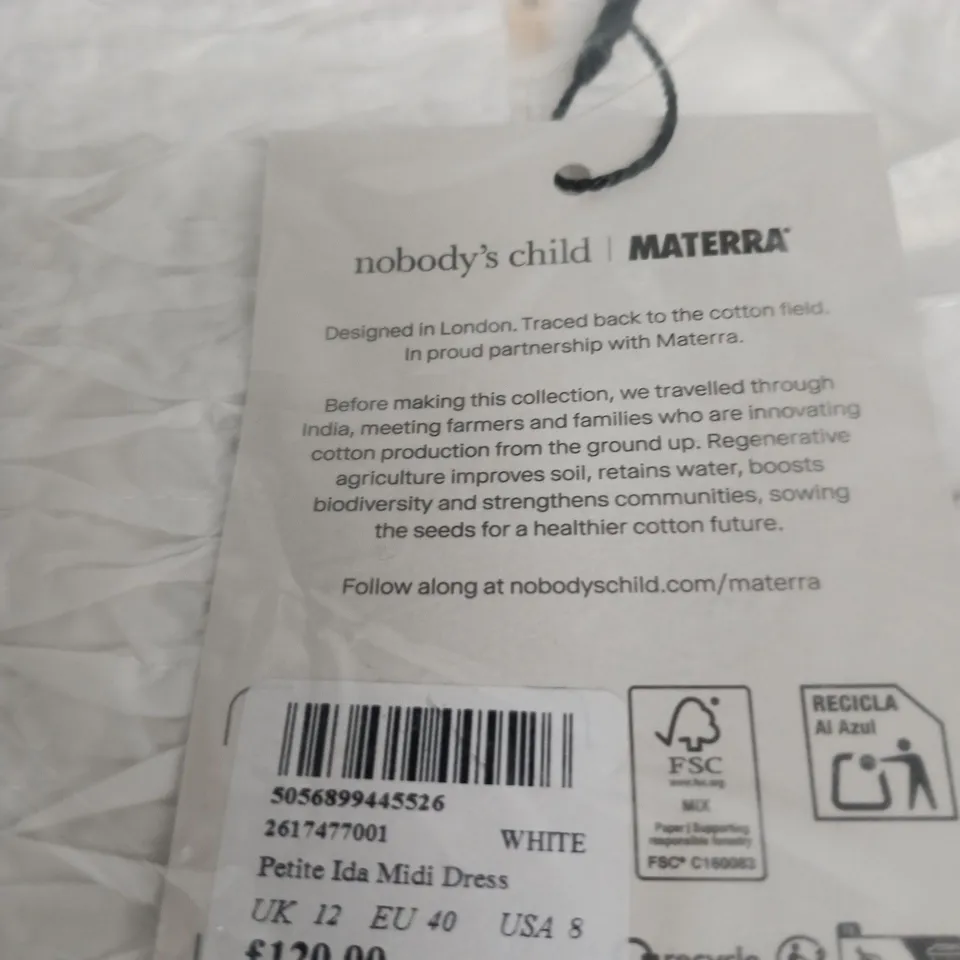 NOBODY'S CHILD X MATERRA PETITE IDA MIDI DRESS, WHITE, UK 12 (EU 40, USA 8) 