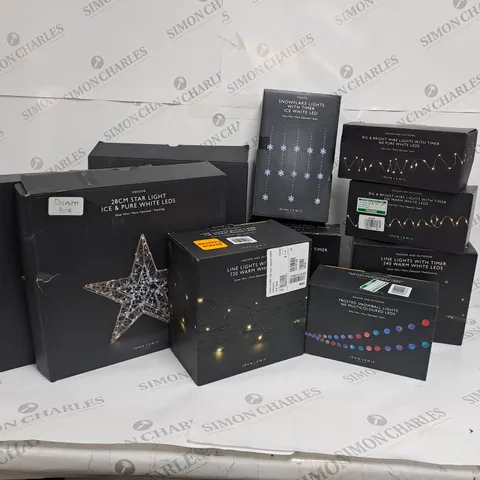 APPROXIMATELY 10 ASSORTED JOHN LEWIS LIGHTING PRODUCTS TO INCLUDE STAR LIGHT, SNOWFLAKE LIGHTS, BRIGHT WIRE LIGHTS, LINE LIGHTS, FROSTED SNOWBALL LIGHTS