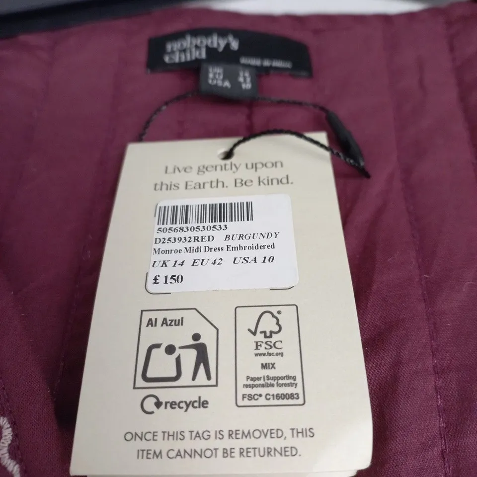 NOBODY'S CHILD MONROE MIDI DRESS EMBROIDERED - BURGUNDY, UK 14