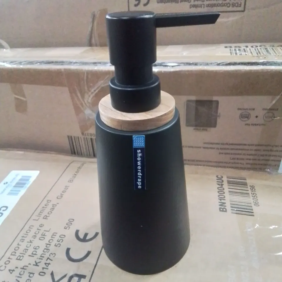 MATT BLACK AND WOOD EFFECT SHOWERDRAPE PYRAMID SOAP DISPENSER 