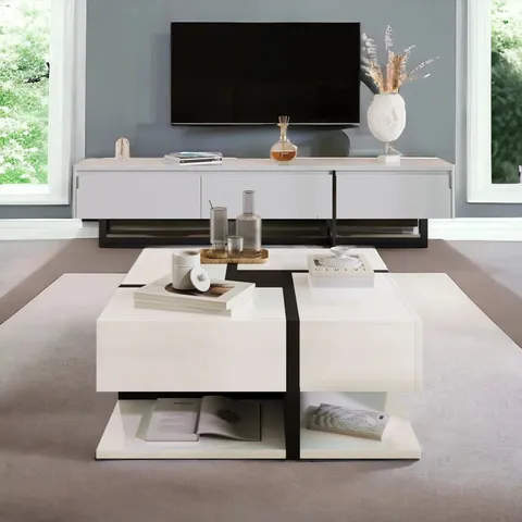 BOXED FLOOR SHELF COFFEE TABLE WITH STORAGE -RUSTIC BROWN-