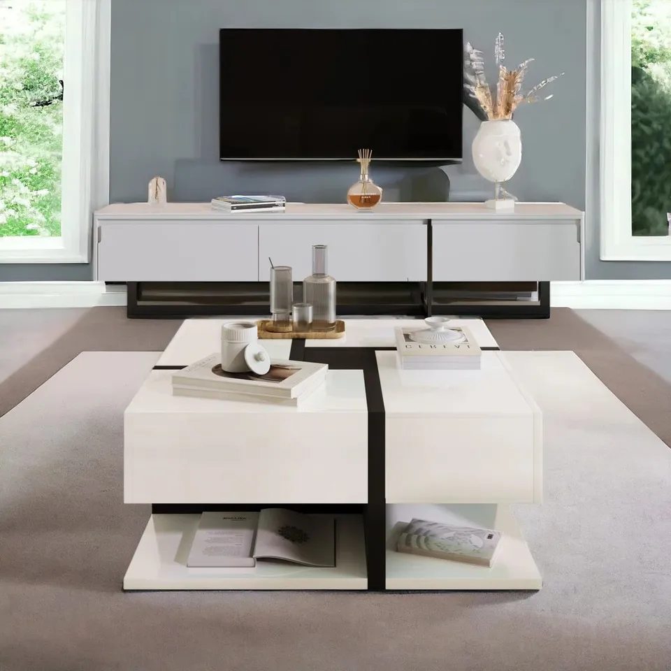 BOXED FLOOR SHELF COFFEE TABLE WITH STORAGE -RUSTIC BROWN-