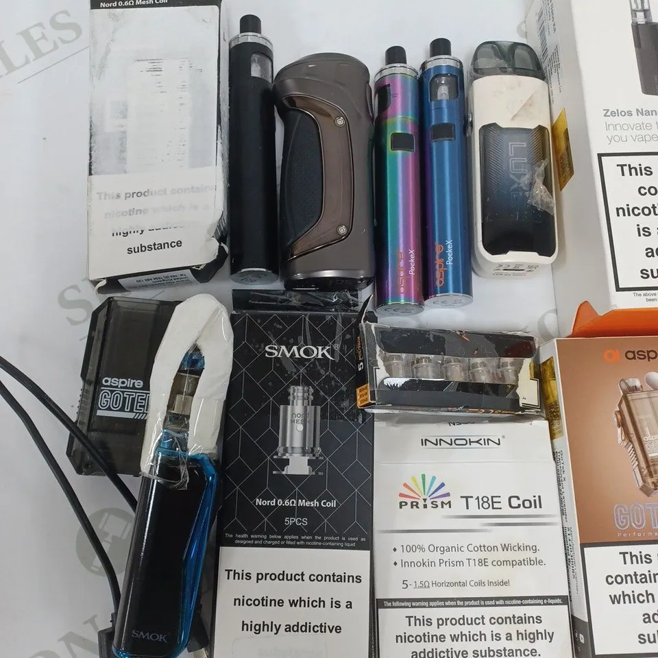 LOT OF 20 ASSORTED E-CIGARETTES AND PARTS TO INCLUDE ASPIRE ZELOS, SMOK AND INNOKIN