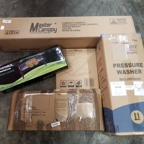 PALLET OF ASSORTED PRODUCTS INCLUDING MASTER CANOPY COMPACT CANOPY, PRESSURE WASHER, BED RAIL GUARD, PORTABLE BARBECUE, TOILET SEAT