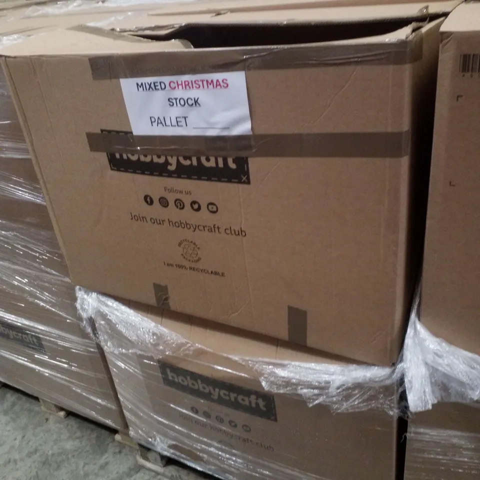 PALLET CONTAINING ASSORTED CHRISTMAS PRODUCTS & DECORATIONS INCLUDING CRACKER 6-PACKS, FLAT PACK CHRISTMAS EVE BOX, CERAMIC NATIVITY SNOWMAN SOAP DISPENSER & CANDLES