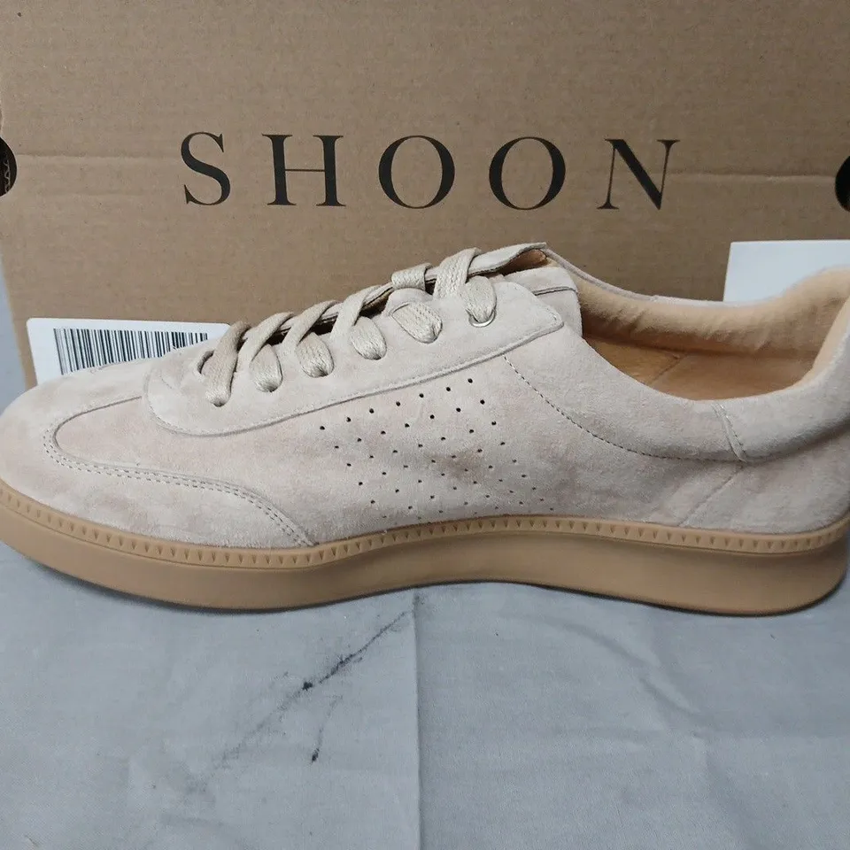 boxed pair of shoon ember suede slim sole trainers in beige - 40