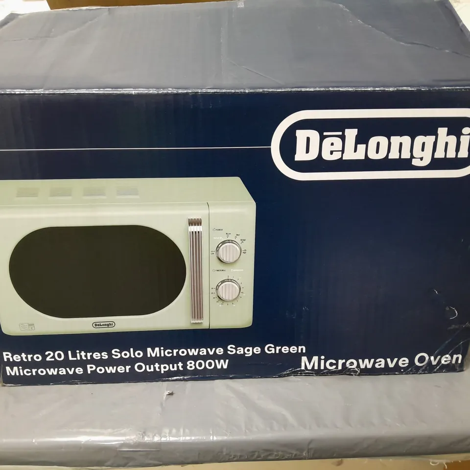 BOXED DELONGHI RETRO 20L SOLO MICROWAVE SAGE GREEN - COLLECTION ONLY