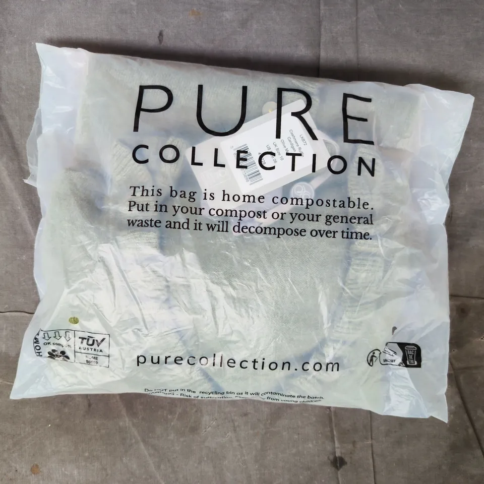 BAGGED PURE COLLECTION CASHMERE RUFFLE CARDIGAN IN OLIVE MARL SIZE UK 10