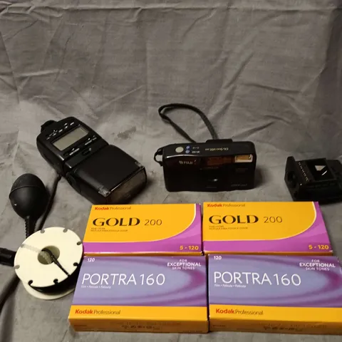 CAMERA ACCESSORY KIT TO INCLUDE FUJI CAMERA, NIKON FLASH, KODAK COLOUR NEGATIVE FILM ETC 