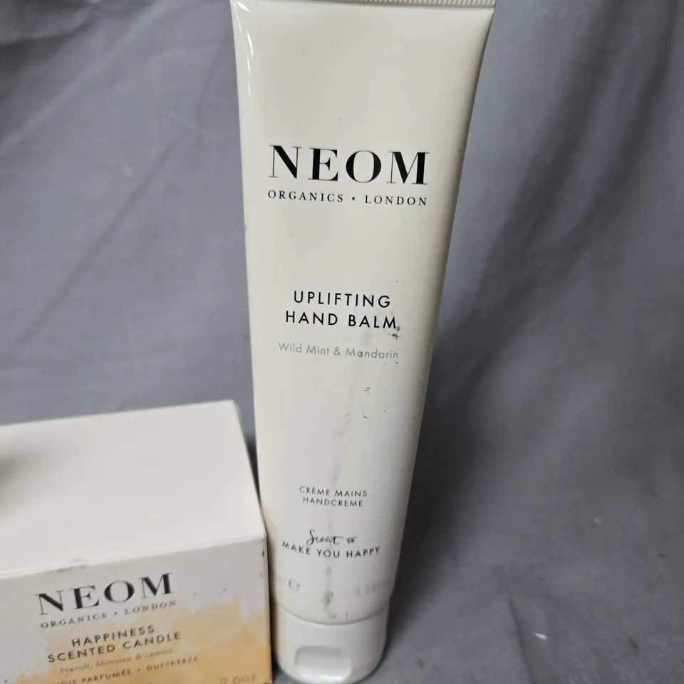 NEOM ORGANICS LONDON SET OF 3 - HAPPINESS SCENTED CANDLE 75G, UPLIFTING HAND BALM, CLEAN & HAPPY HAND SANITISER