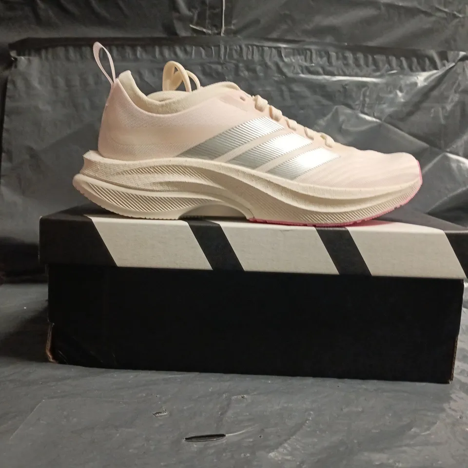 BOXED PAIR OF ADIDAS MOVEBOOST SHOES IN PALE PINK/CREAM/SILVER SIZE UK 3.5