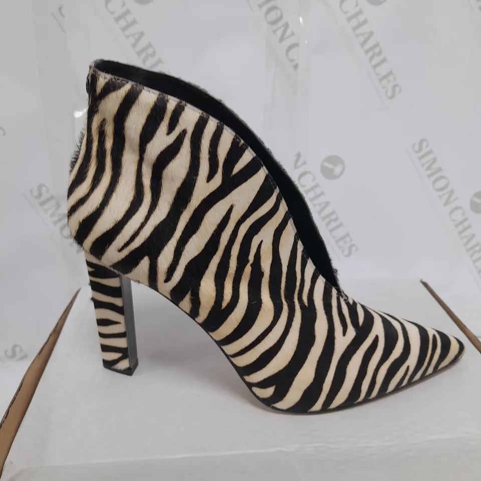 BOXED PAIR OF MODA IN PELLE WELDI ZEBRA CALF HAIR V CUT SHOE BOOTS - SIZE 8