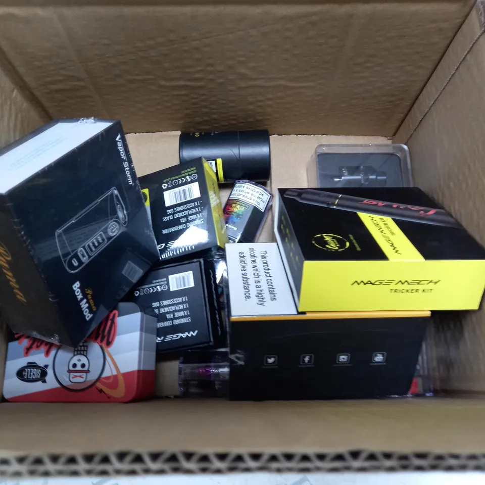 BOX OF APPROXIMATELY 10 ASSORTED E-CIG PRODUCTS TO INCLUDE AUGVAPE, OXVA, VAPORESSO ETC