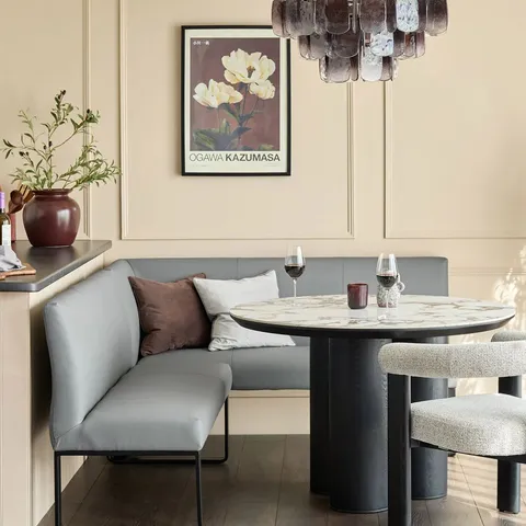BOXED DANETTI LOOP 7 SEATER LIGHT GREY FAUX LEATHER CORNER BENCH WITH CHROME LEGS (3 BOXES)