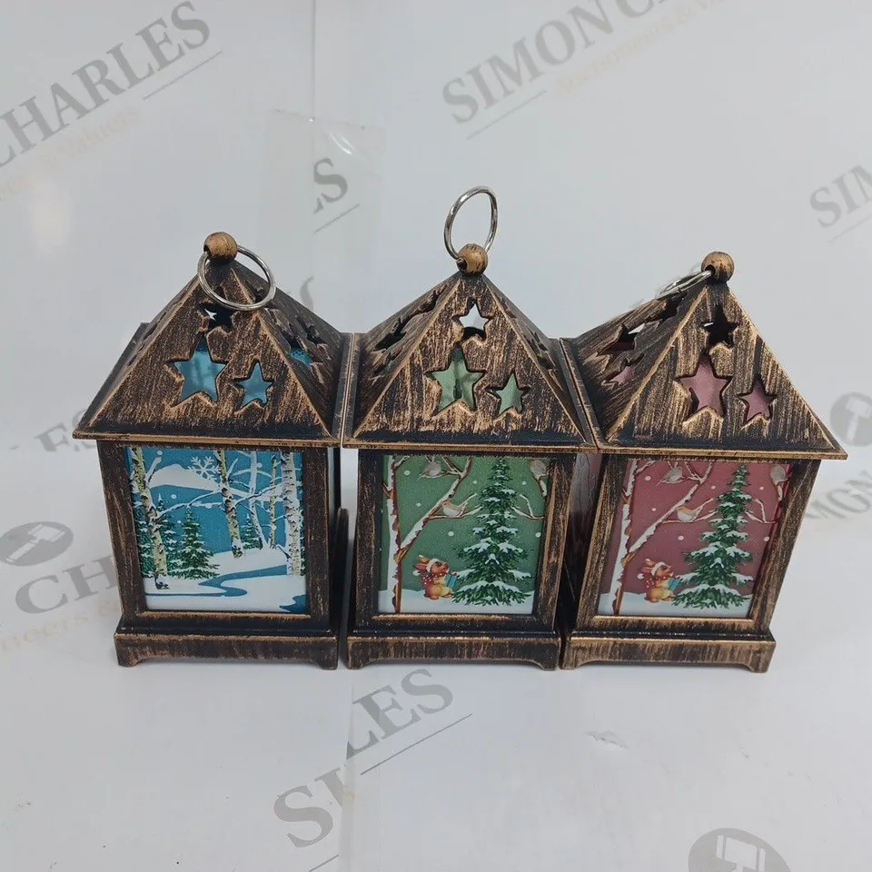 FESTIVE SET OF 3 MINIATURE PRE-LIT LANTERNS 