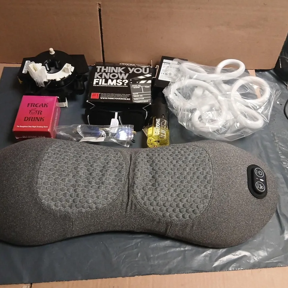 BOXED OF ASSORTED PRODUCTS TO INCLUDE; MASSAGE PILLOW AND DRINKING GAMES