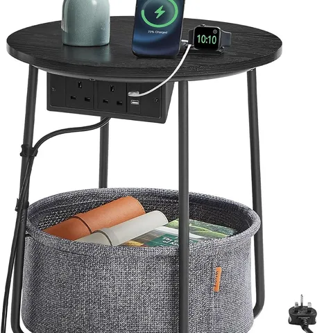 BOXED VASAGLE SIDE TABLE WITH CHARGING STATION, ROUND END TABLE WITH POWER OUTLETS, USB PORTS, FABRIC BASKET, LIVING ROOM, BEDROOM, BEDSIDE TABLE, MODERN, EBONY BLACK AND SLATE GREY