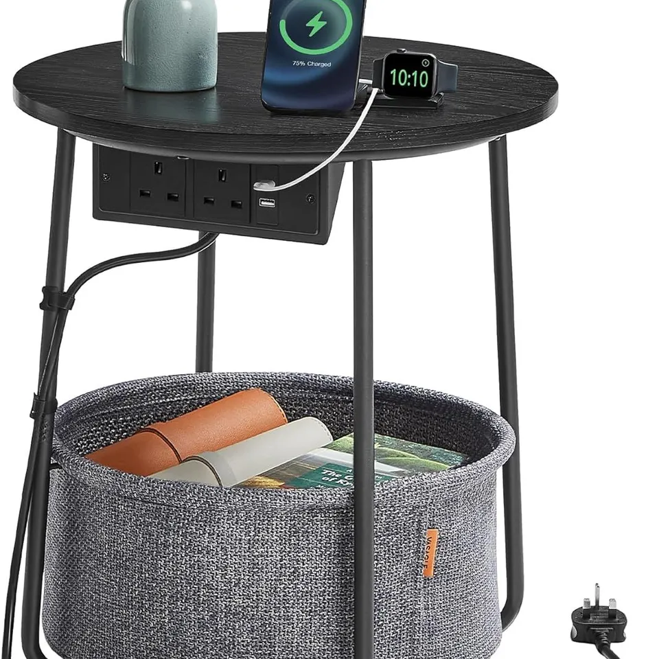 BOXED VASAGLE SIDE TABLE WITH CHARGING STATION, ROUND END TABLE WITH POWER OUTLETS, USB PORTS, FABRIC BASKET, LIVING ROOM, BEDROOM, BEDSIDE TABLE, MODERN, EBONY BLACK AND SLATE GREY