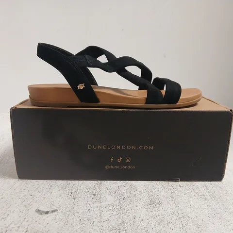 BOXED PAIR OF DUNE LONDON OPEN TOE CROSS STRAP SANDALS IN BLACK SIZE 6